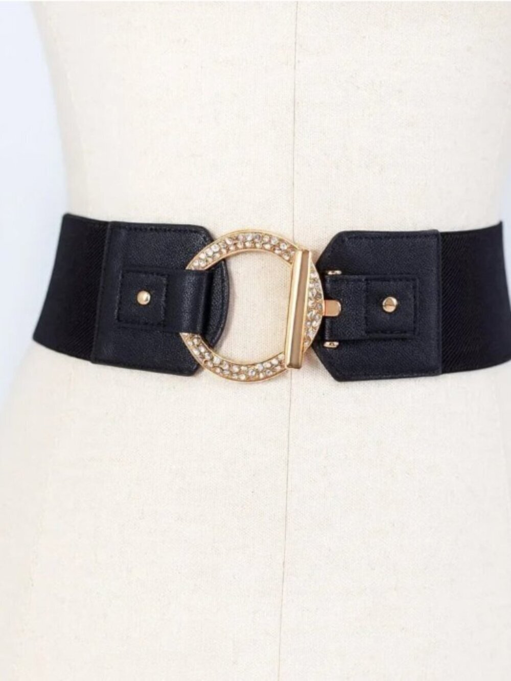 Nine West Black Black 3” Elastic With Gold Rhinestone Round Buckle L / LX - Picture 2 of 7